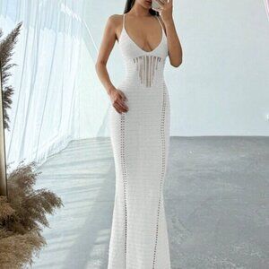 Women's White Sexy  Elegant Deep V-Neck Hollow Out Spaghetti Strap Backless Slim